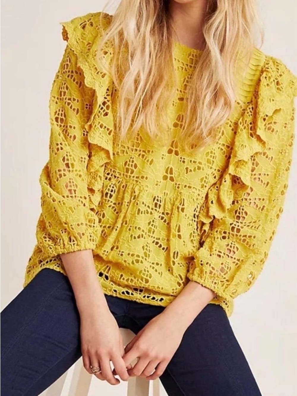 Anthropologie Yellow Crochet Ruffle Blouse